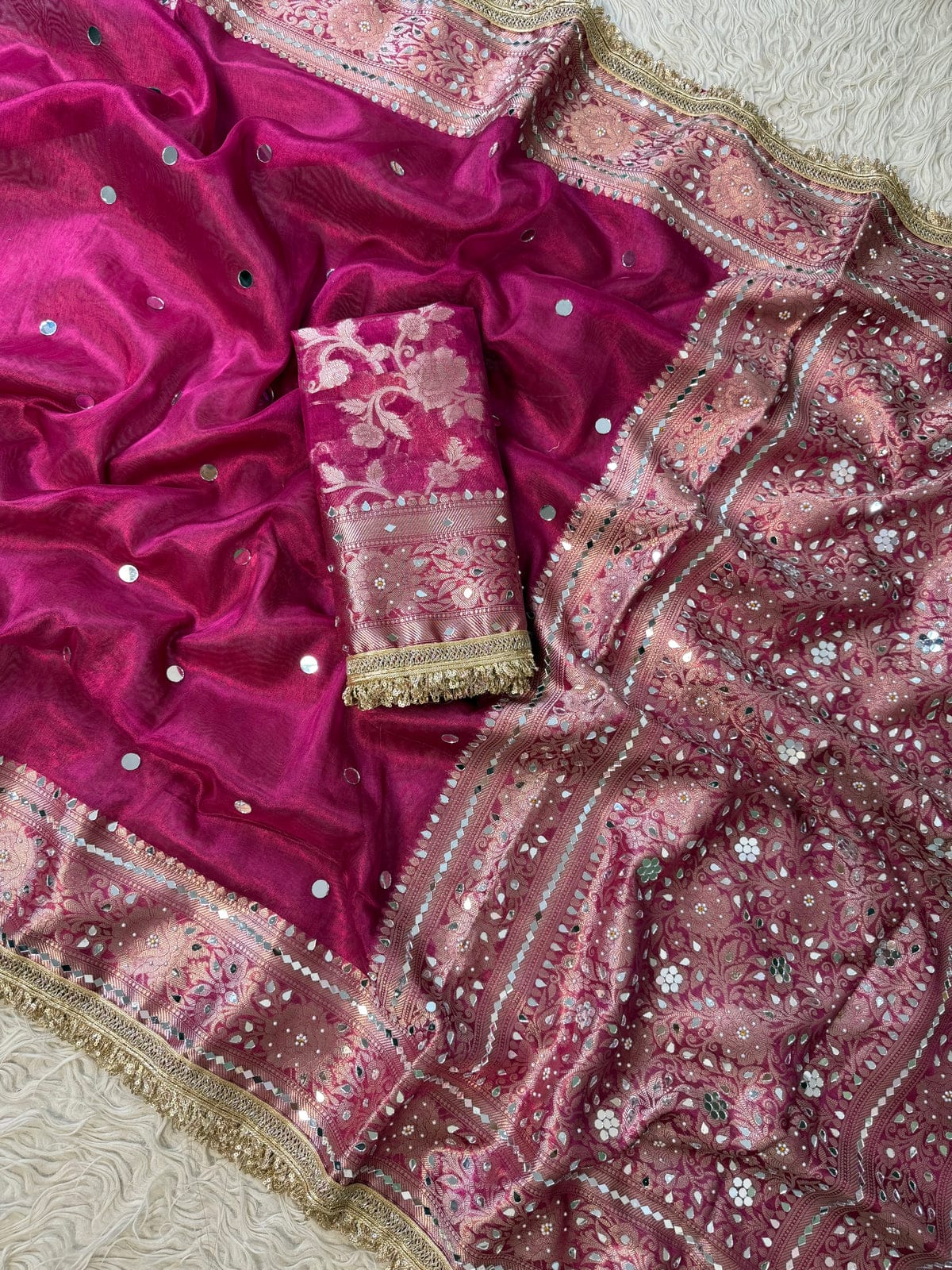 BANARASI SILK WITH MIRROR WORK AND LACE ATTACHED