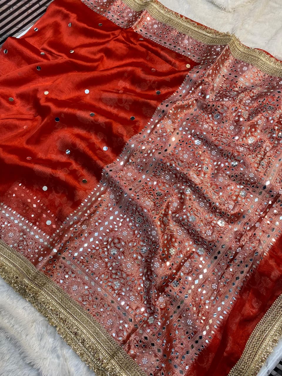 BANARASI SILK WITH MIRROR WORK AND LACE ATTACHED